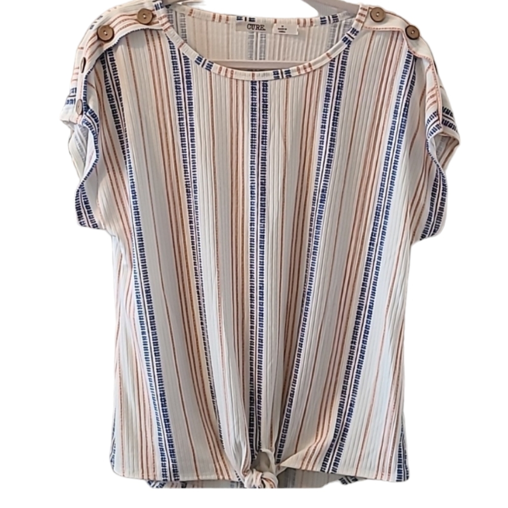 CURE BRAND WOMENS SHORT SLEEVE WHITE STRIPED RIBBED SCOOPNECK TOP SIZE MEDIUM